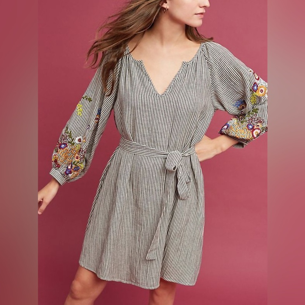 Anthropologie Feather Bone Embroidered Striped Mini Dress XS